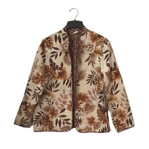 Alfred Dunner Lightweight Open Jacket in Tan and Brown Floral Print. Size 20.